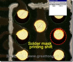 電路板BGA下面的防焊層印刷偏移,造成焊墊大小不一致。