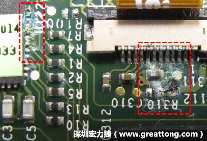電路板疑似腐蝕氧化,懷疑電流異常過(guò)熱造成