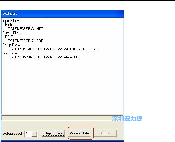 系統(tǒng)彈出一個(gè)輸出窗口，點(diǎn)擊 Accept Data。完成后點(diǎn)擊“確定”，再點(diǎn)擊“Done”關(guān)閉輸出窗口。退出 Omninet for Windows。