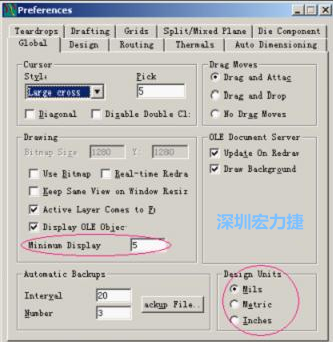 改單位Global→Design Units；改最小顯示線寬Global→Drawing