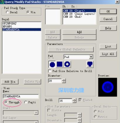 分析文件完成后，點(diǎn)擊菜單Setup→Pad Stacks調(diào)出焊盤(pán)堆設(shè)置窗口，將Pad Stack Type改為Via
