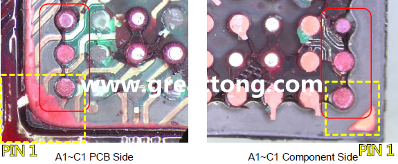 PIN-1的位置很重要，不知道Pin-1在哪里？那你怎么知道斷裂錫球在PCB的位置，如何判斷可能的應力(Stress) 影響。一般在PCB的絲印層(白漆)上面一定會標示零件的PIN-1位置，有的未打一個圓點，有的會畫三角形，但這張照片在PCB的PIN-1被紅墨水遮住了，如果可以的話建議那一塊沒有紅墨水的板子對照一下。