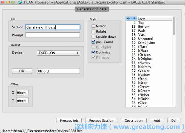 打開「excellon.cam」的工作項目并建立drill文件（副檔名為「.dri」和「.drd」），之后你只會用到「.drd」的文件檔；「.dri」的文件只是解釋用資料（所謂后設(shè)資料）而已。