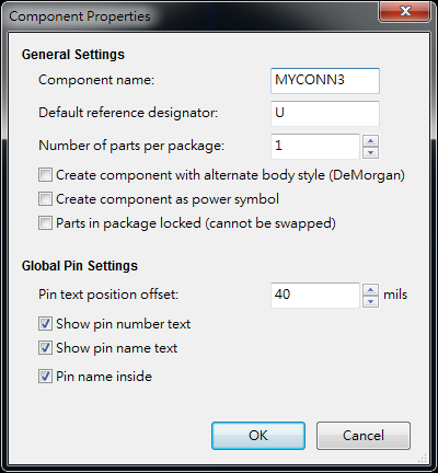 按下工具  "Create a new component"， 出現底下畫面， 按下OK后， 產生MYCONN3/U? 文字重迭在一在， 把它們分開(用mouse選擇并按下"M"， 即可移動)