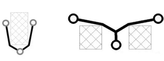 圖12：樹和(灰色顯示的)障礙物。(a)最小生成樹，(b)Steiner樹。